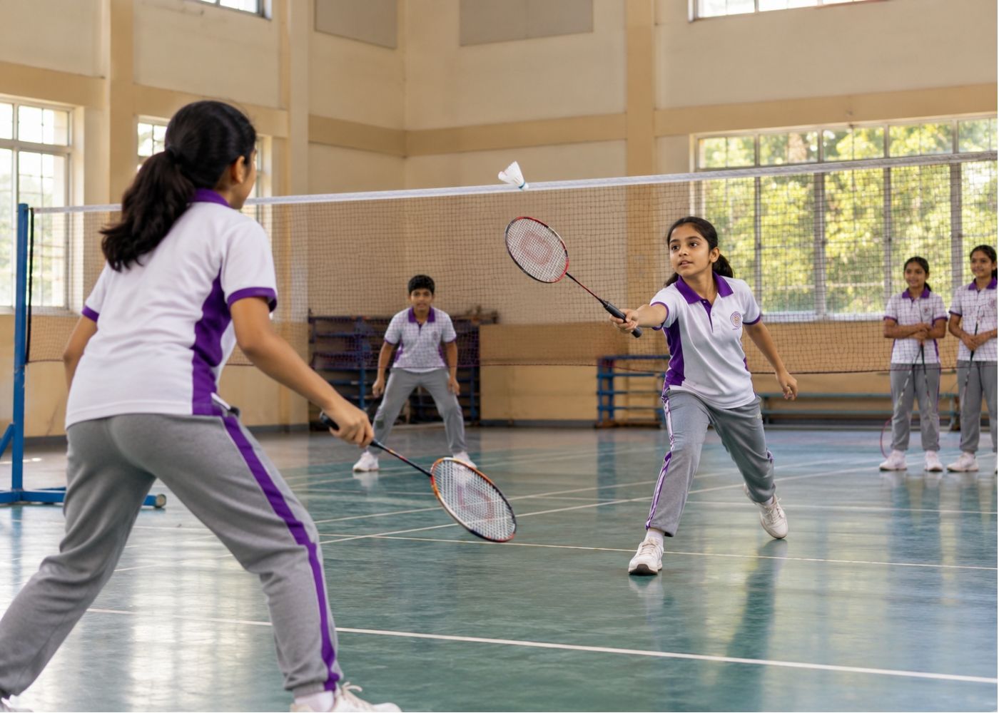 Indian school children playing badminton