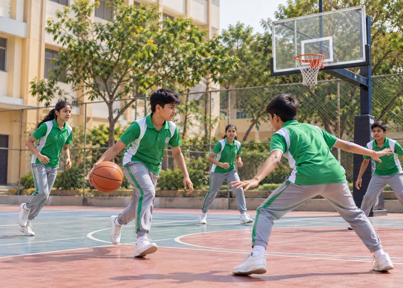Indian school children playing basketball
