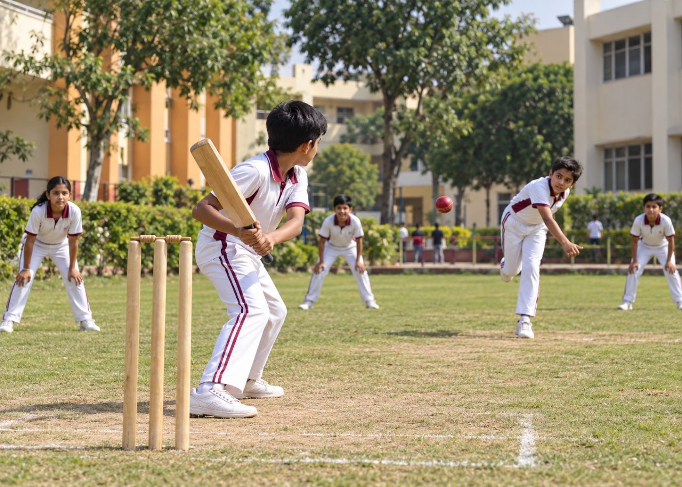 Indian school children practising cricket