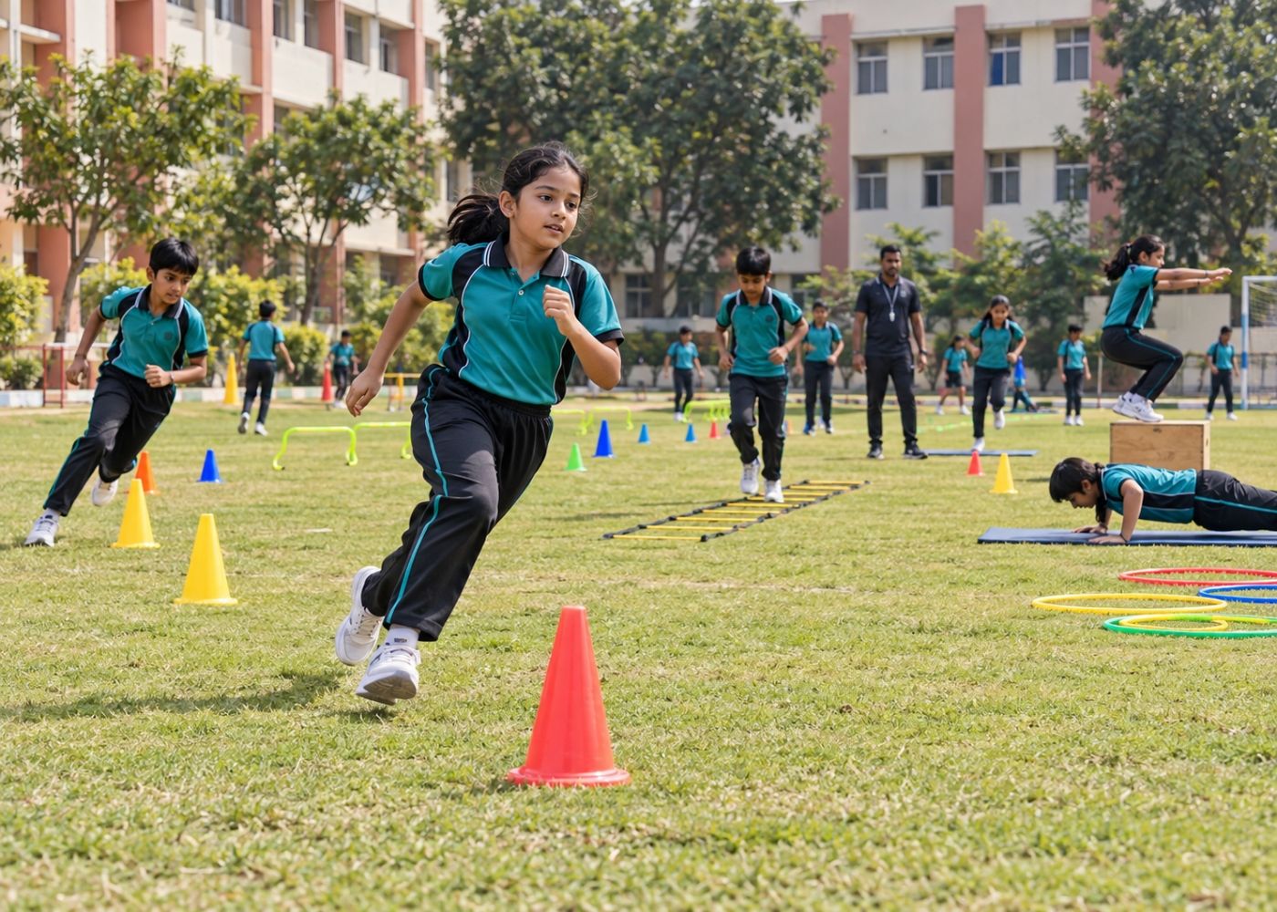 Indian school students taking part in age-appropriate fitness challenges