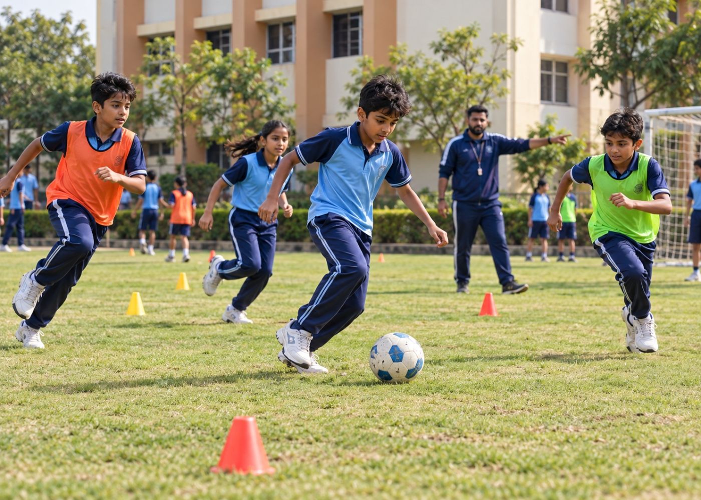 Indian school children playing football