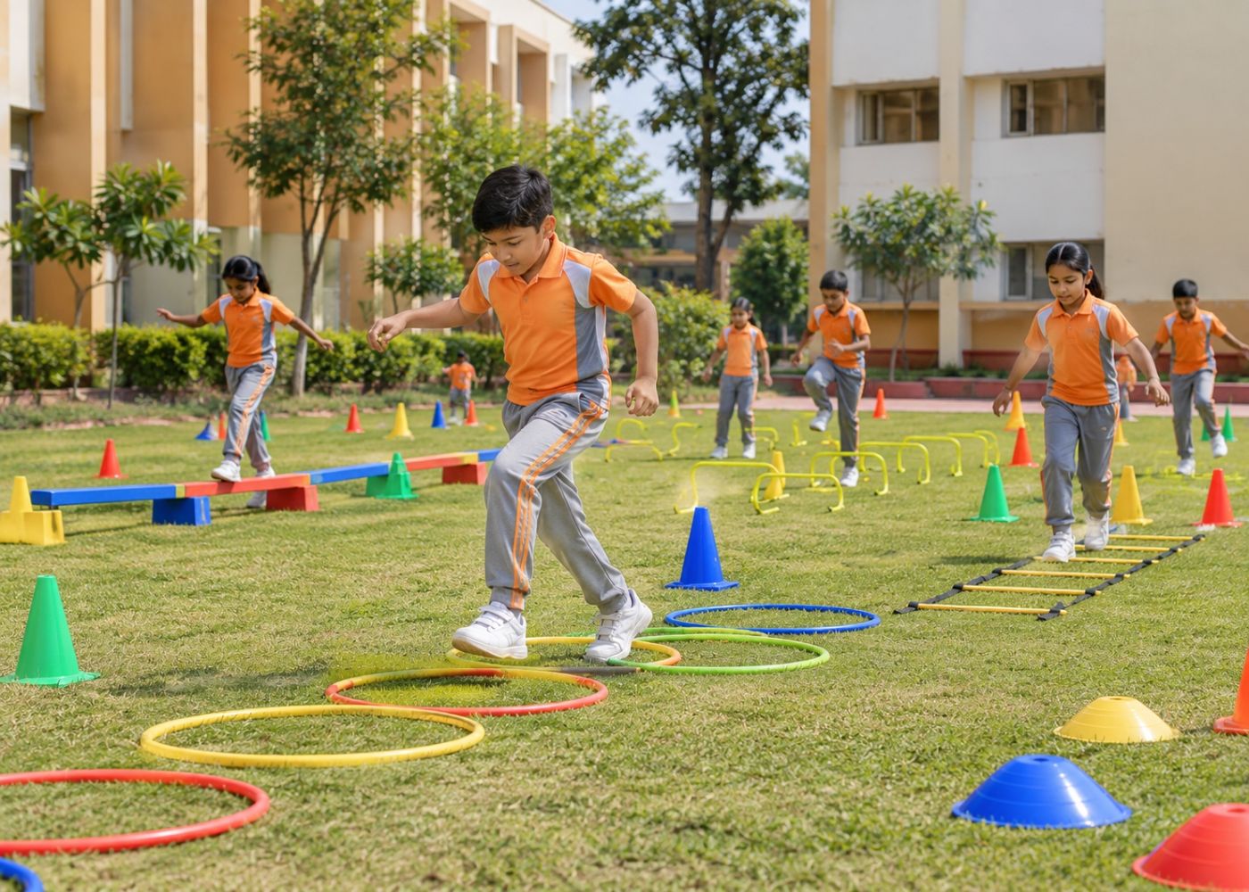 Young Indian school children developing motor skills